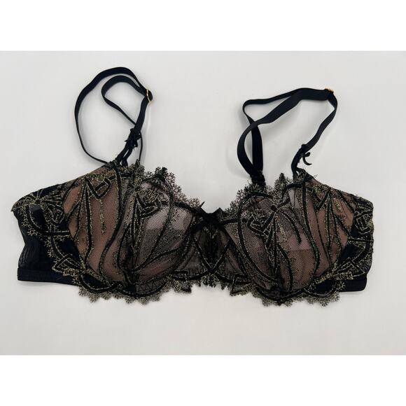 VICTORIA'S SECRET DREAM ANGELS PUSH UP UNLINED LACE BRA BLACK GOLD 32C - Picture 1 of 13